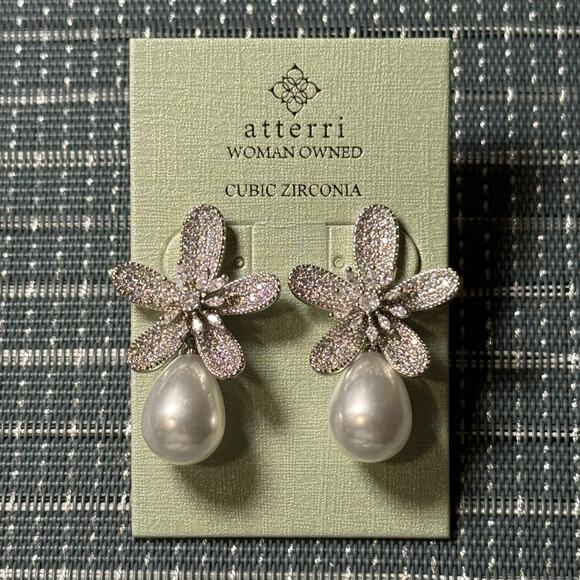 NEW | Atterri | Elegant Cubic Zirconia Pearl Drop Earrings - Picture 1 of 1
